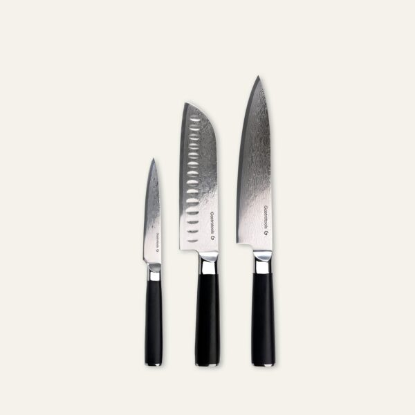 The Essential Collection, 3 Dele Knivsæt - Japansk Damaskus Stål - 67 Lag - VG10 Kerne - Sort - Gastrotools