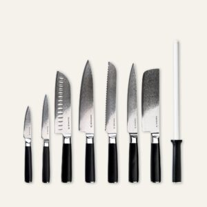 The Ultimate Collection, 8 Dele Knivsæt - Japansk Damaskus Stål - 67 Lag - VG10 Kerne - Sort - Gastrotools