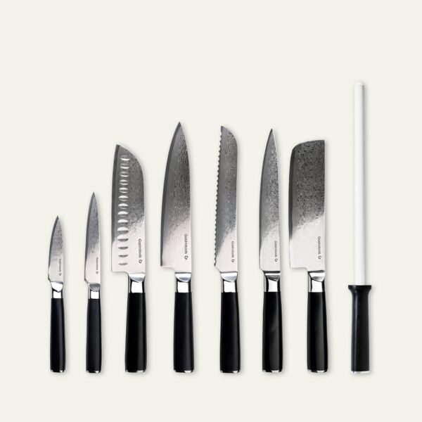The Ultimate Collection, 8 Dele Knivsæt - Japansk Damaskus Stål - 67 Lag - VG10 Kerne - Sort - Gastrotools